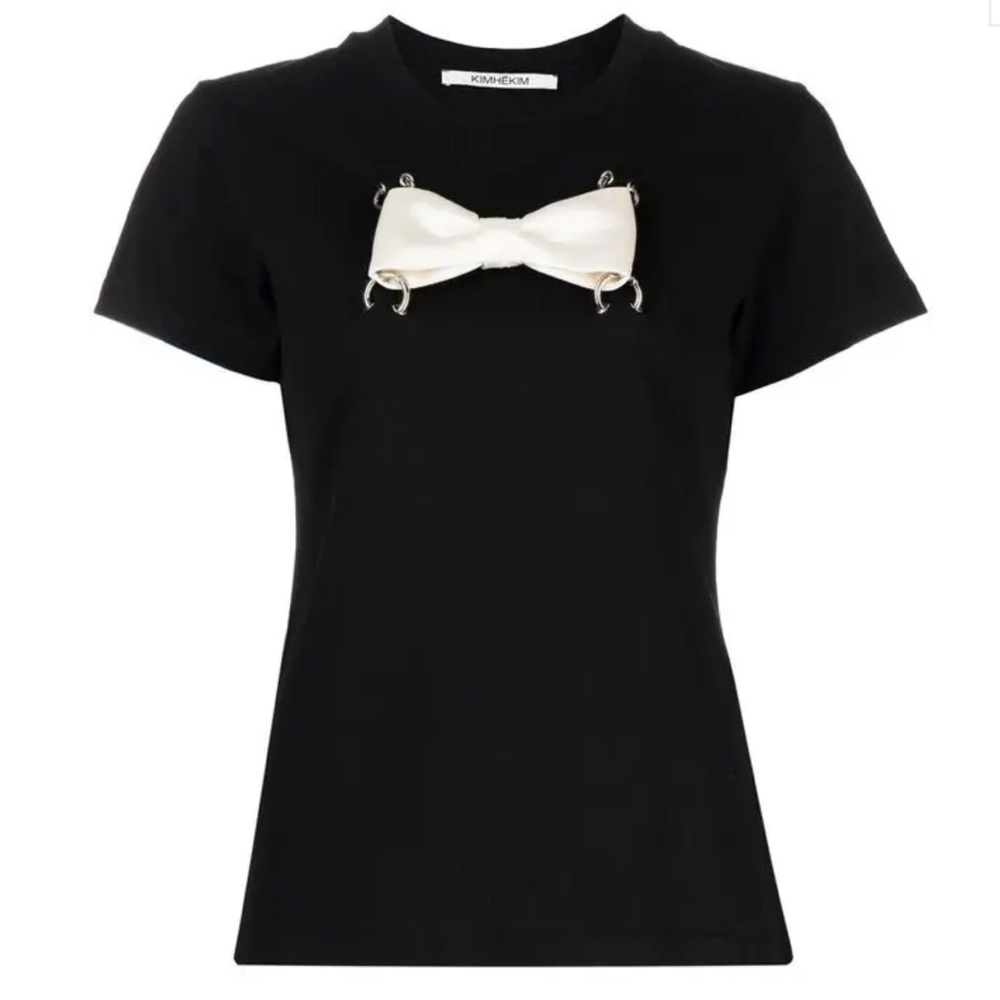 KIMHEKIM Pierced Bow-Embeished T-Shirt - Black NWT Size Large